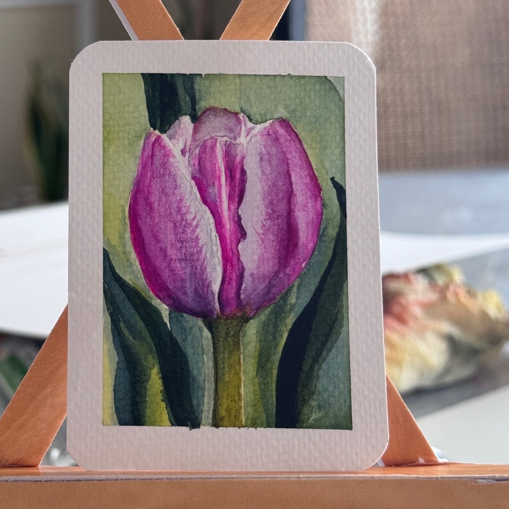 SOLD- ACEO original watercolor “Bloom-sweet Purple Tulip”